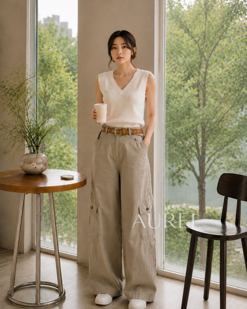 Monre Utility Wide-Leg Pants (Khaki)