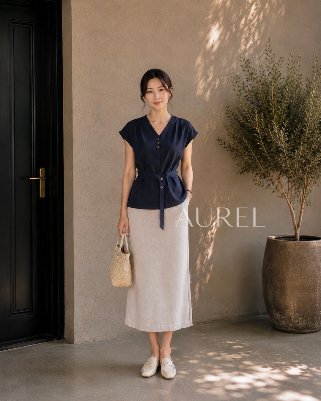 Elise Belted Blouse (Navy Blue)
