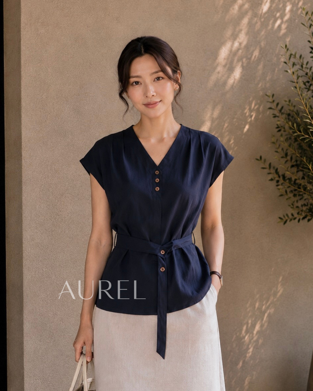 Elise Belted Blouse (Navy Blue)