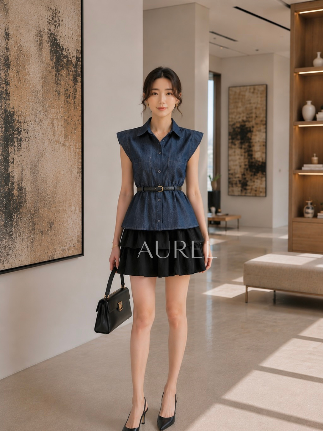 M8117 Amelia Belted Shirt Blouse (Dark Blue)