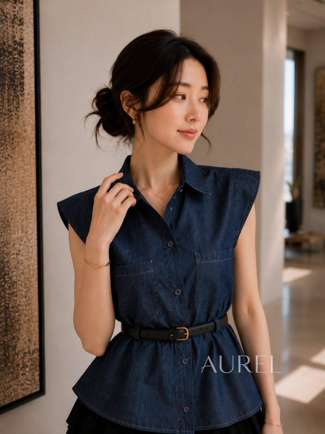 M8117 Amelia Belted Shirt Blouse (Dark Blue)