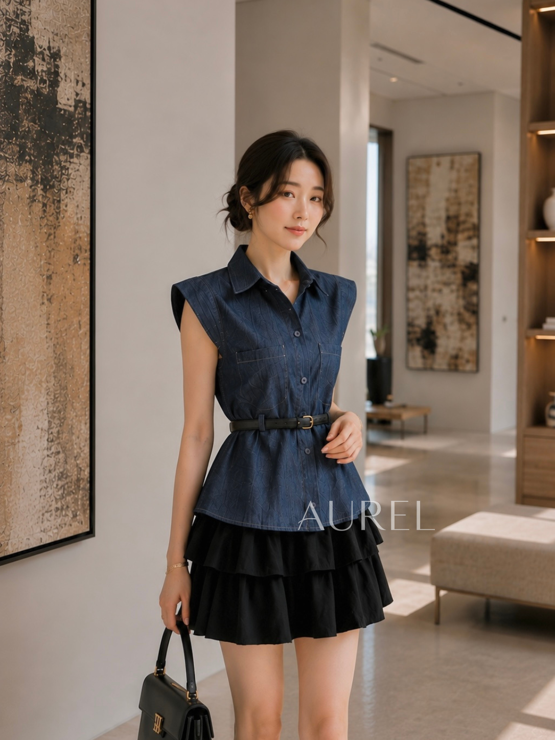 M8117 Amelia Belted Shirt Blouse (Dark Blue)