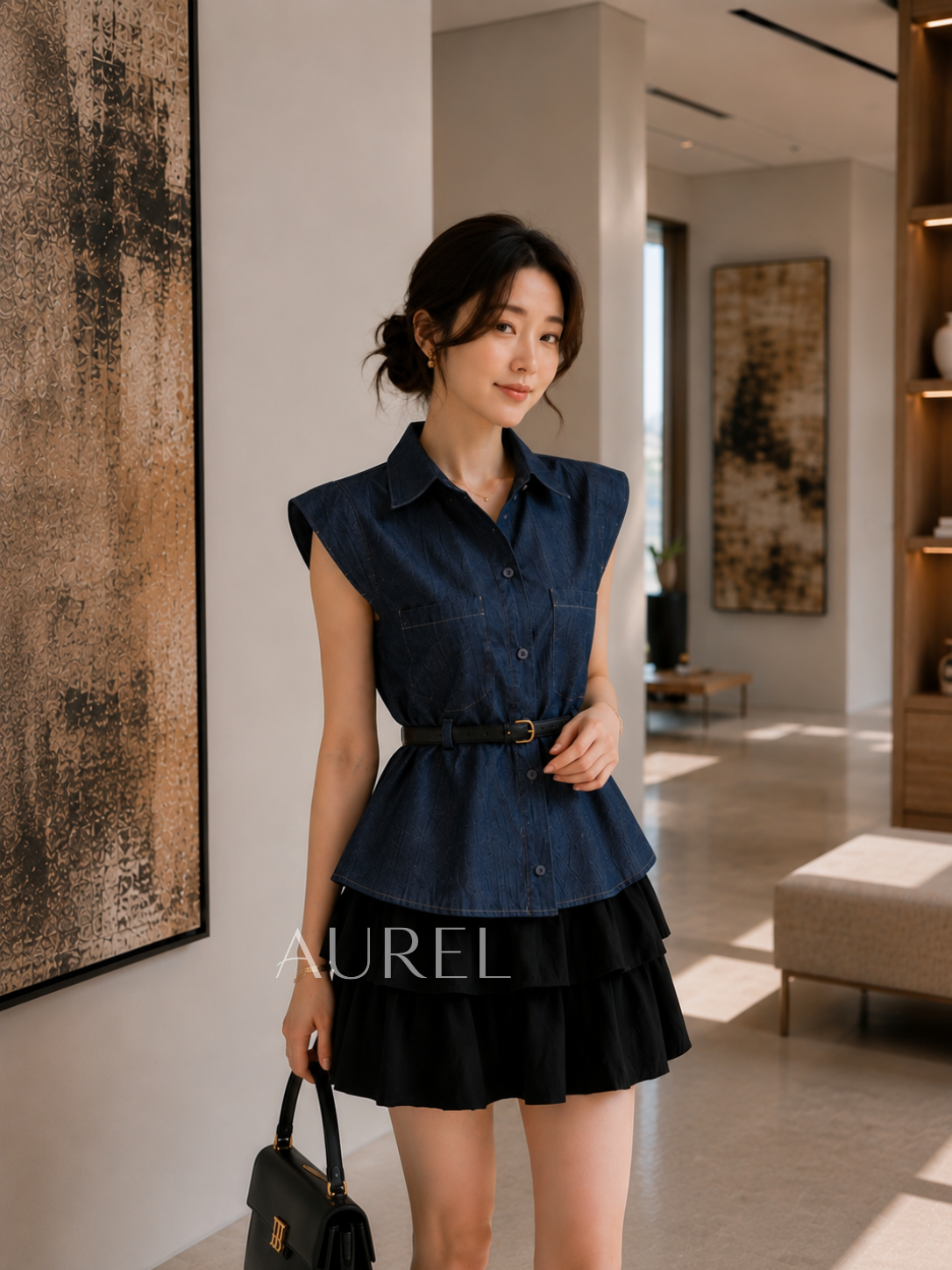 M8117 Amelia Belted Shirt Blouse (Dark Blue)