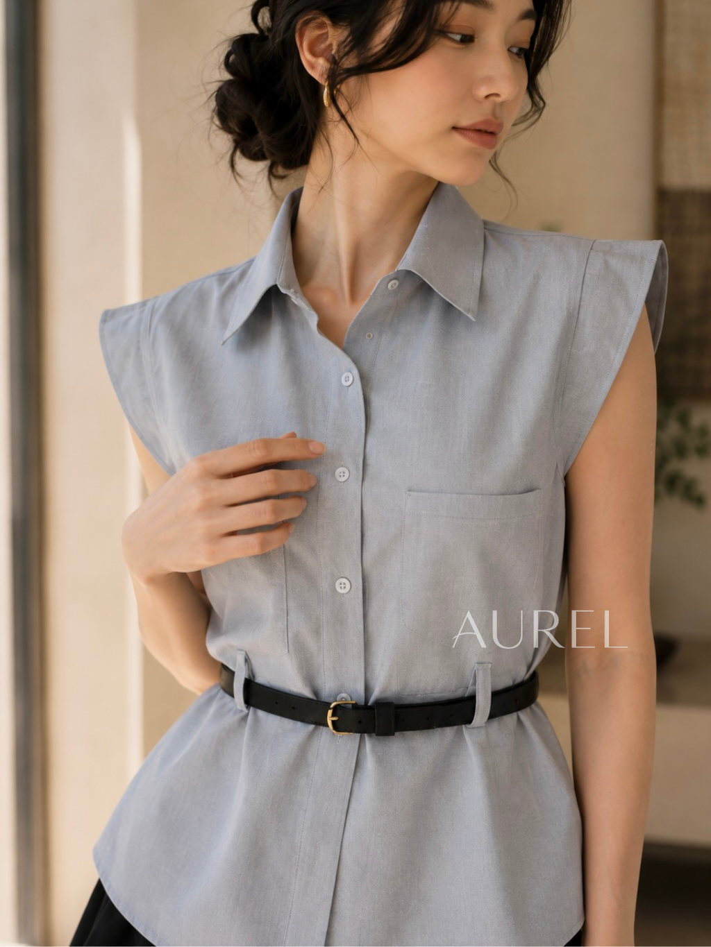 M8117 Amelia Belted Shirt Blouse (Light Blue)