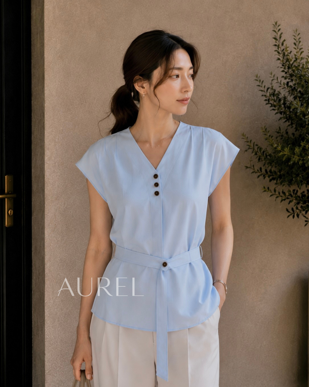 Elise Belted Blouse (Light Blue)