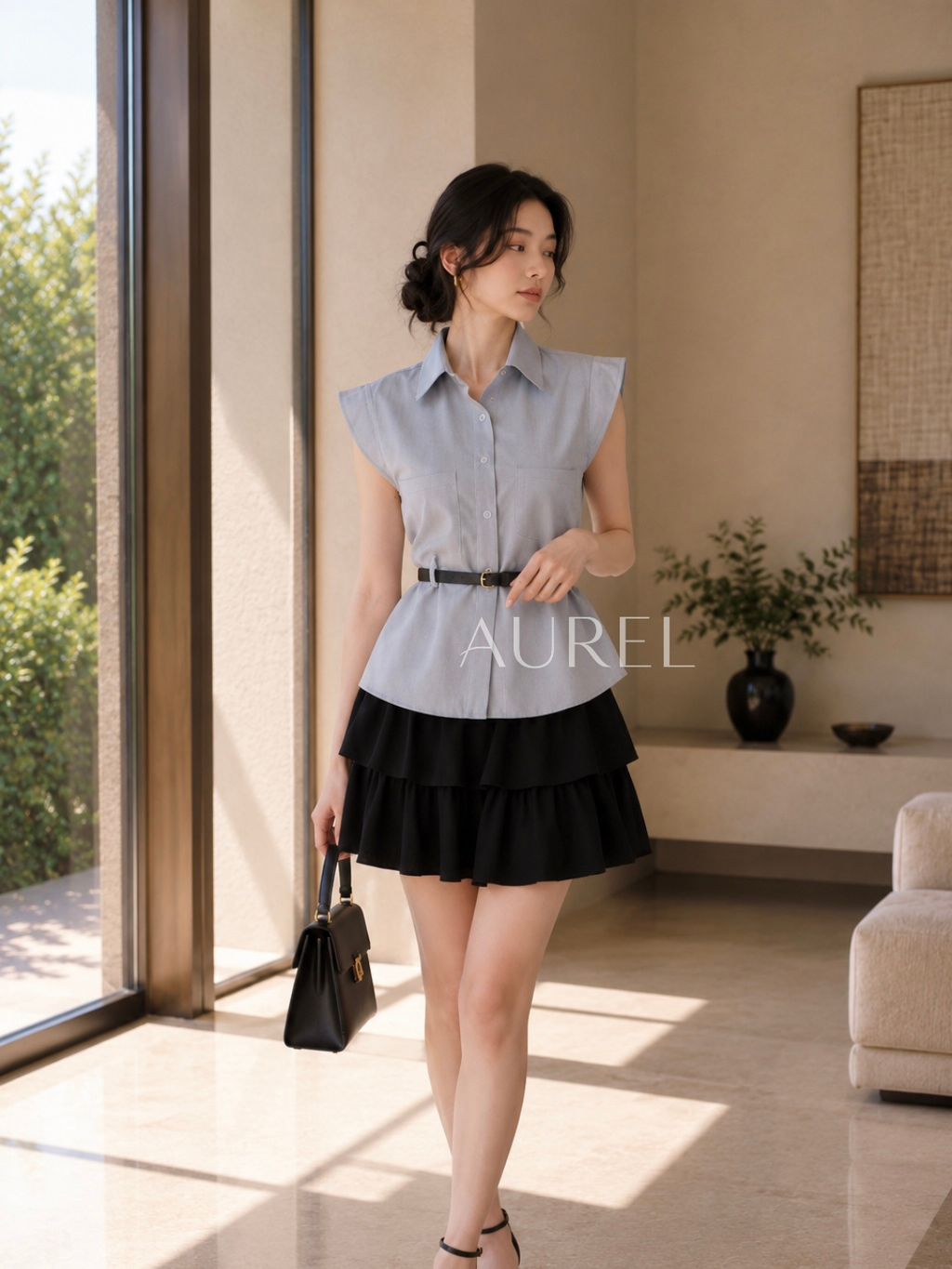 M8117 Amelia Belted Shirt Blouse (Light Blue)