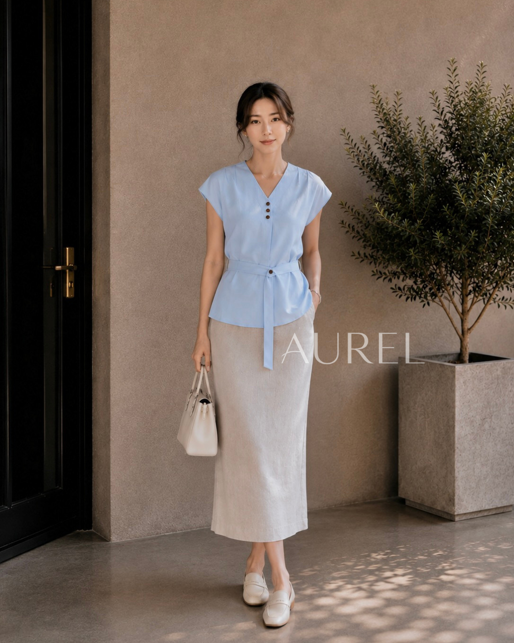 Elise Belted Blouse (Light Blue)
