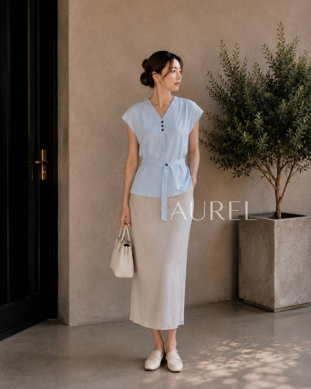 Elise Belted Blouse (Light Blue)