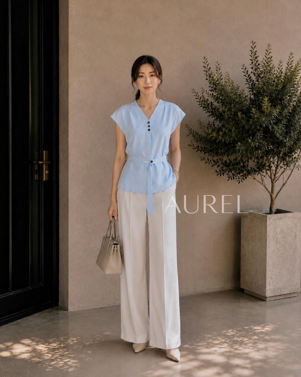 Elise Belted Blouse (Light Blue)