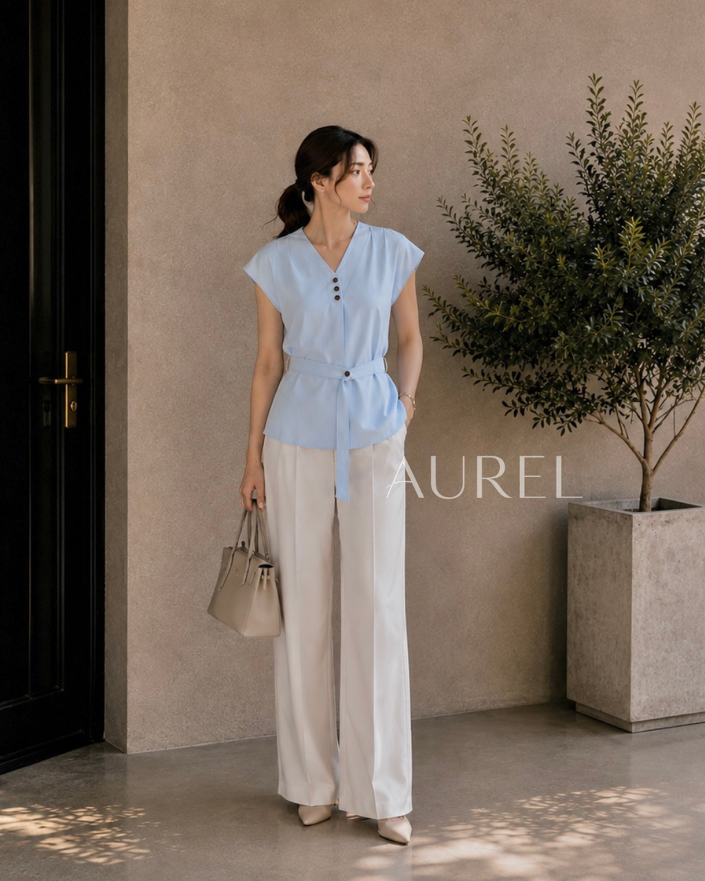 Elise Belted Blouse (Light Blue)