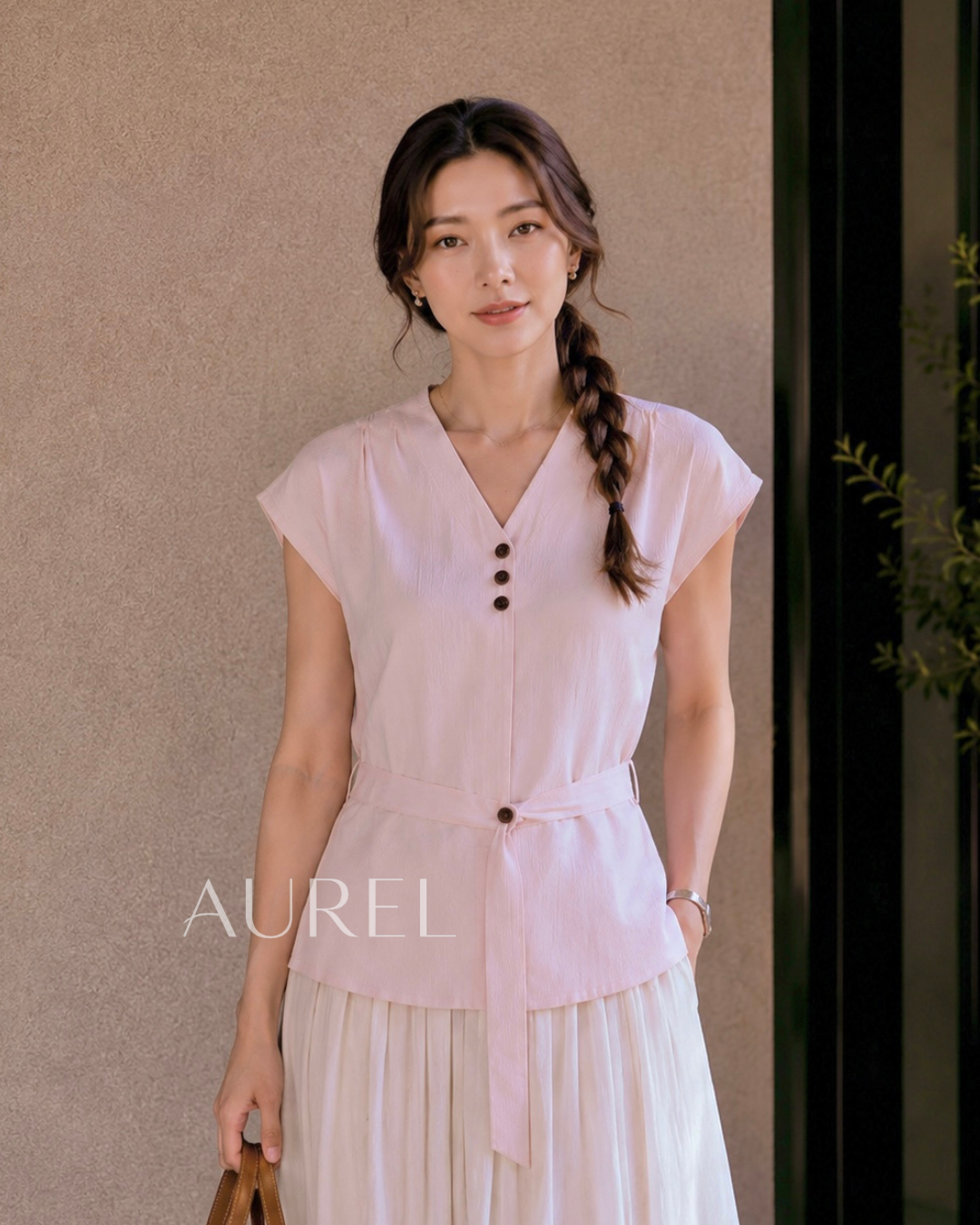 Elise Belted Blouse (Light Pink)