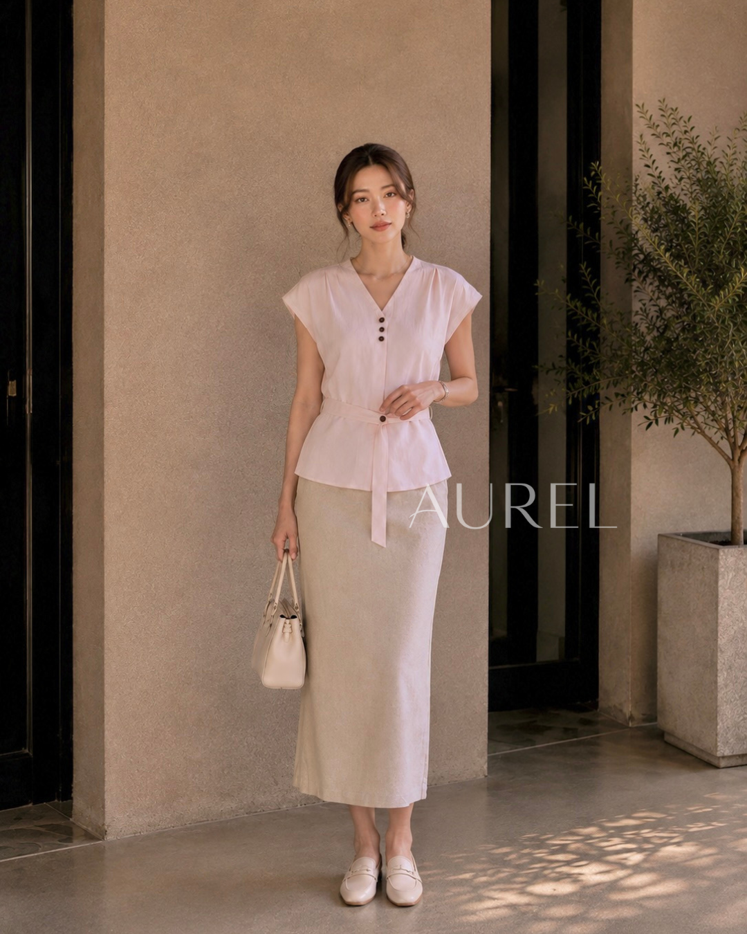 Elise Belted Blouse (Light Pink)