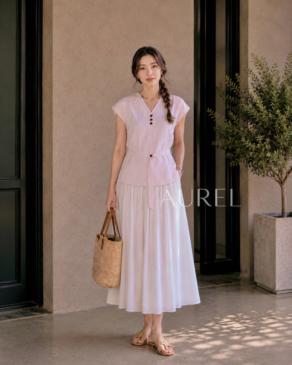 Elise Belted Blouse (Light Pink)