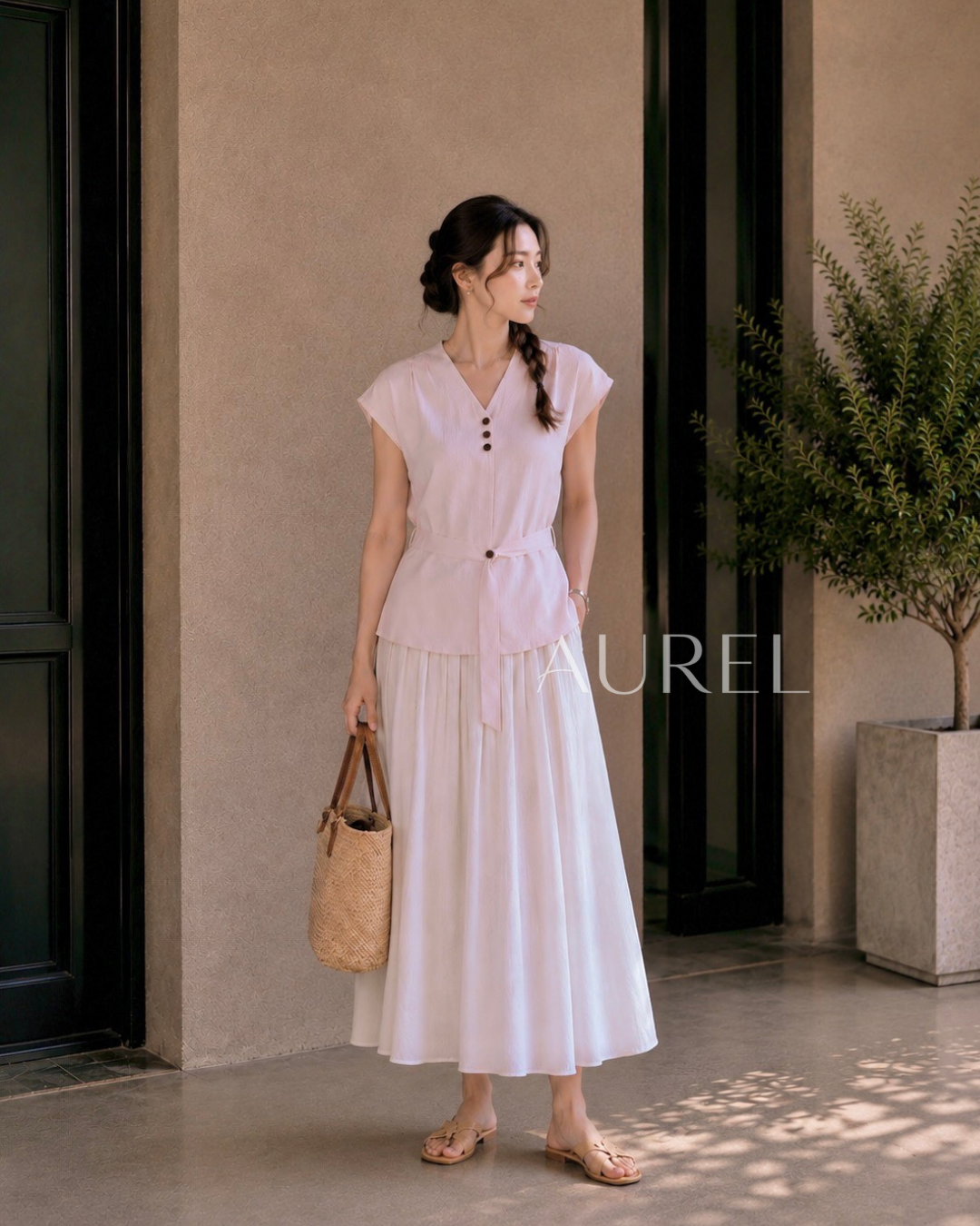 Elise Belted Blouse (Light Pink)