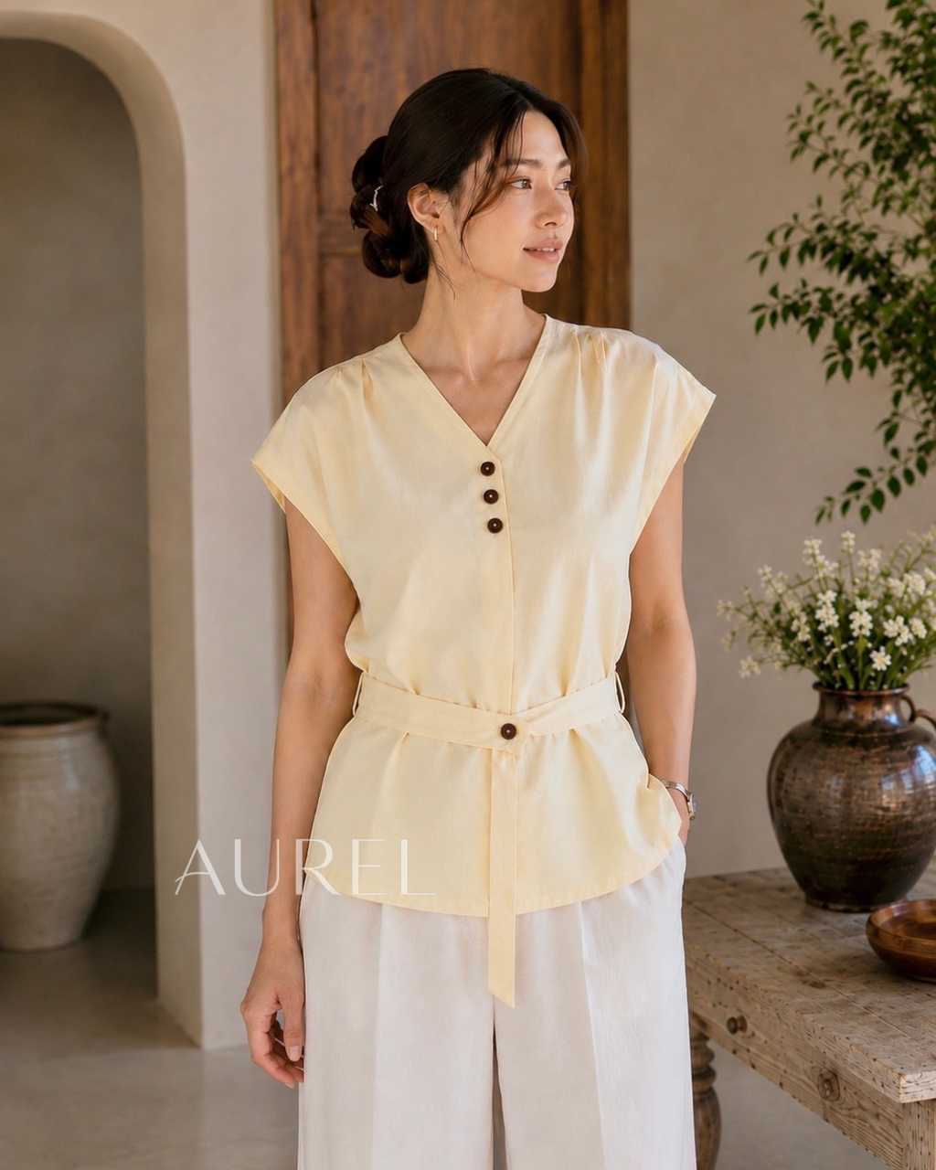 Elise Belted Blouse (Light Yellow)