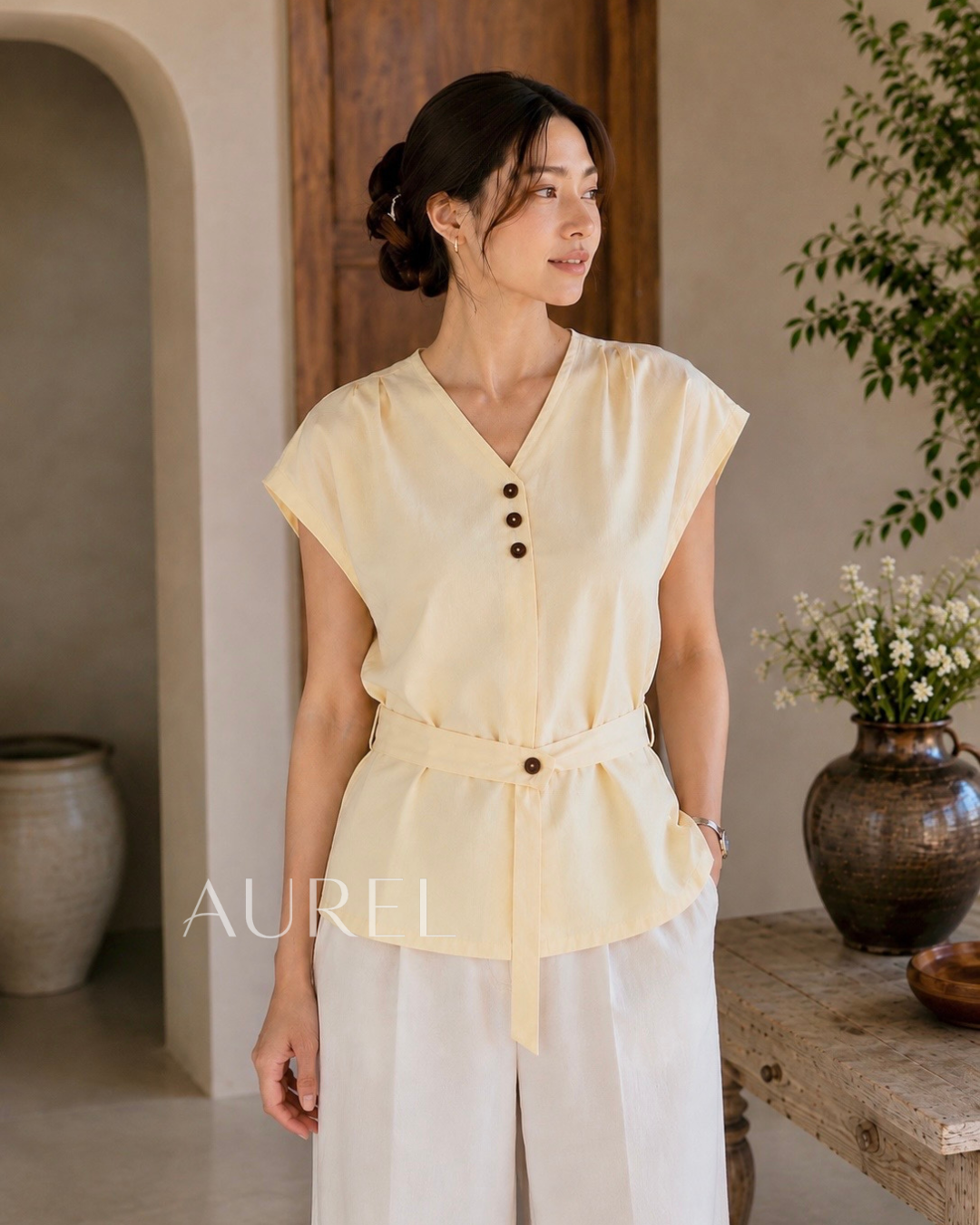 Elise Belted Blouse (Light Yellow)