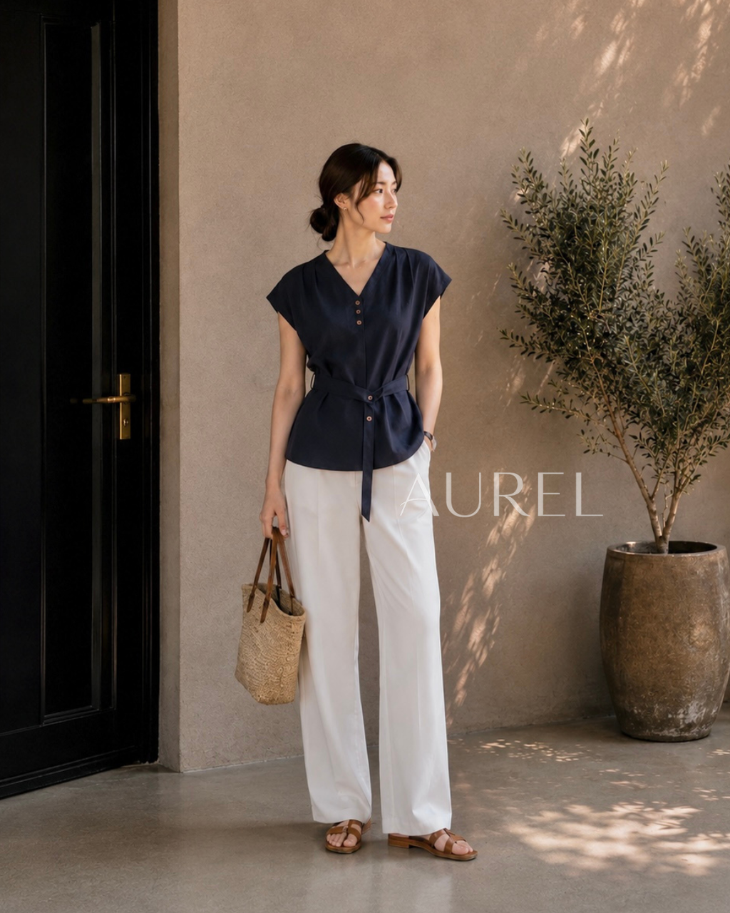 Elise Belted Blouse (Navy Blue)