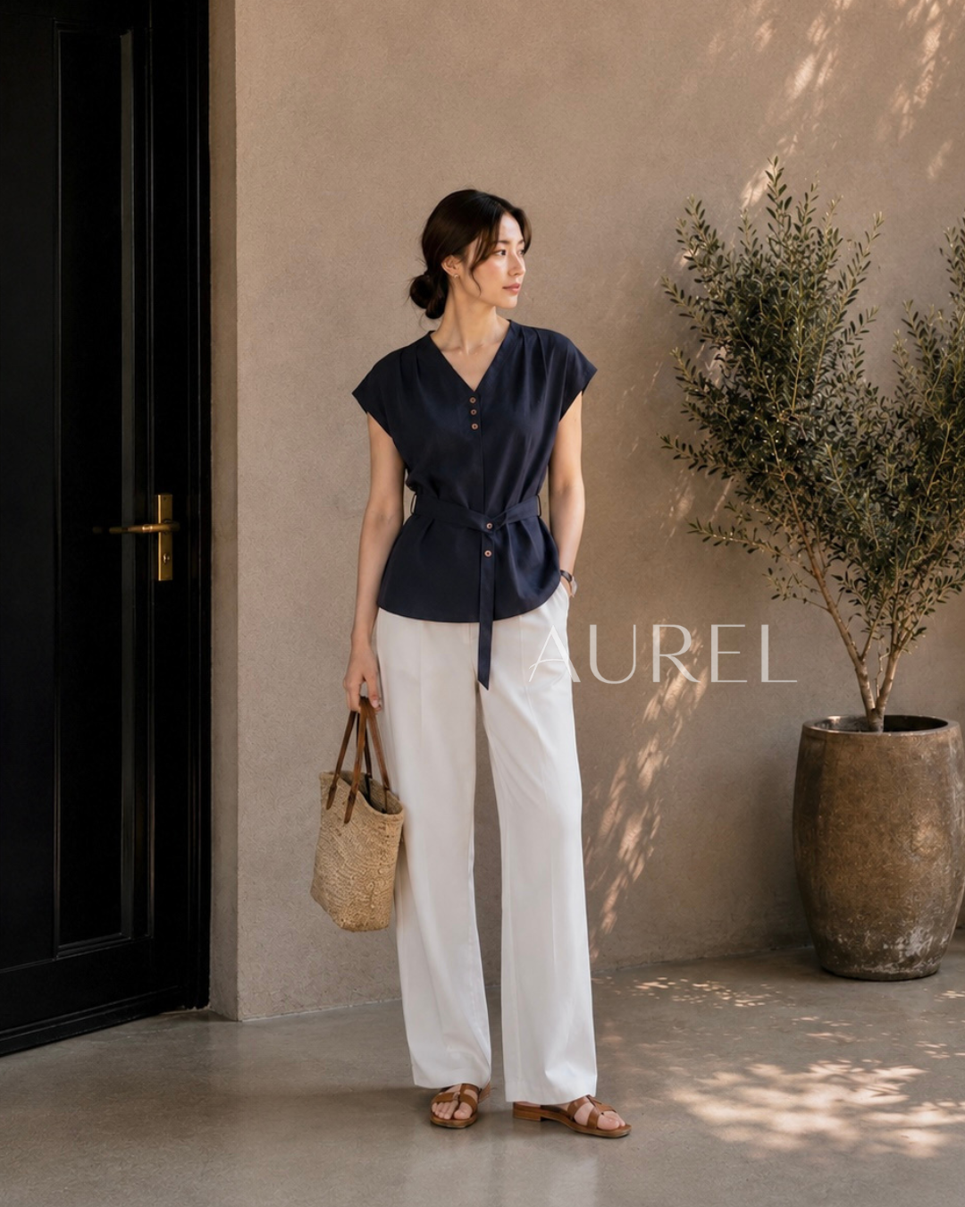 Elise Belted Blouse (Navy Blue)
