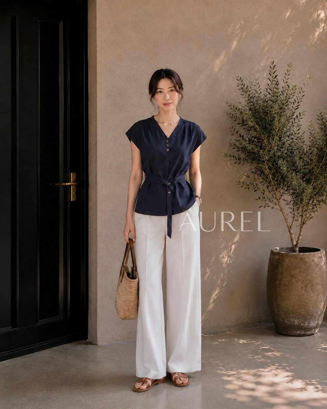 Elise Belted Blouse (Navy Blue)
