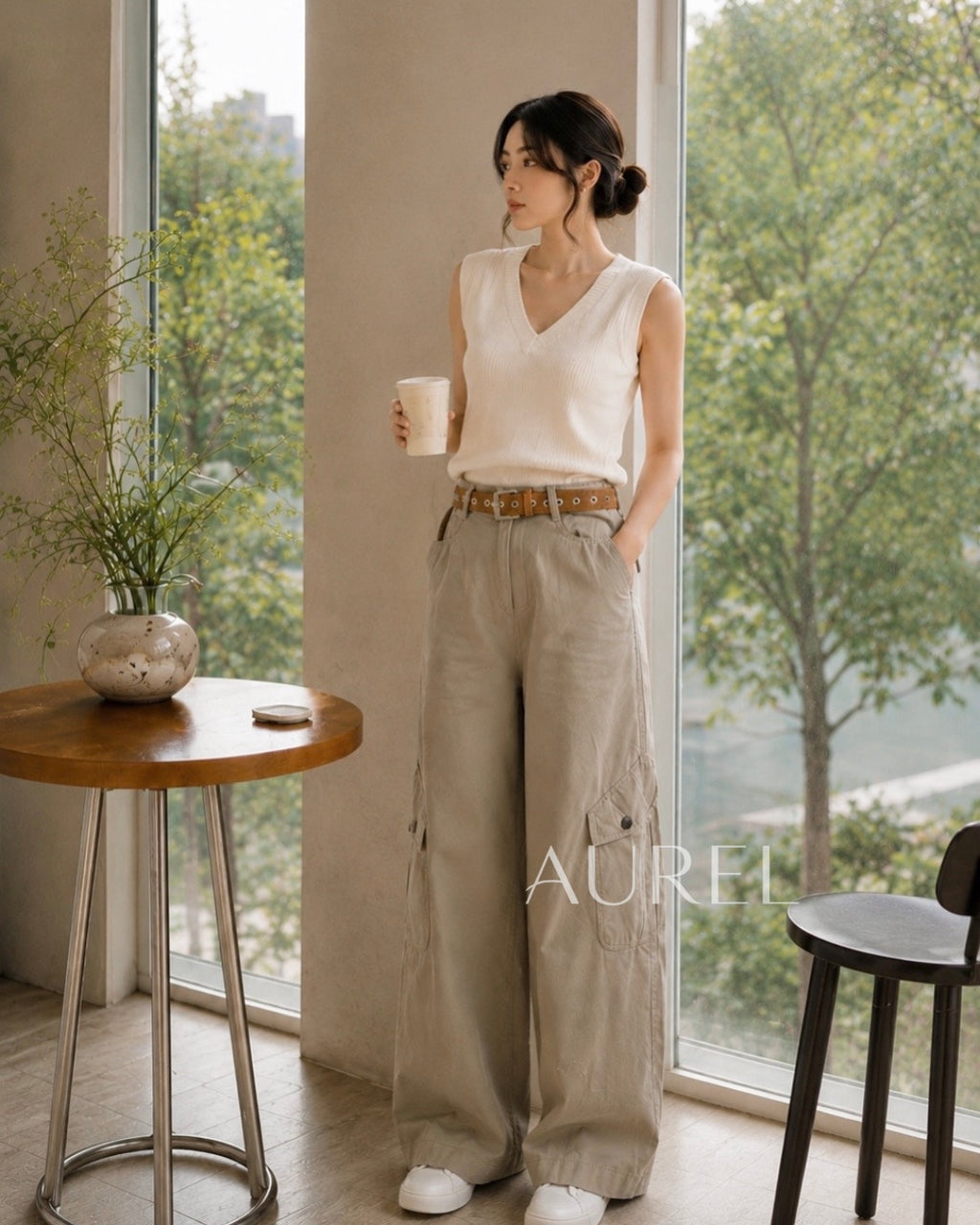 Monre Utility Wide-Leg Pants (Khaki)