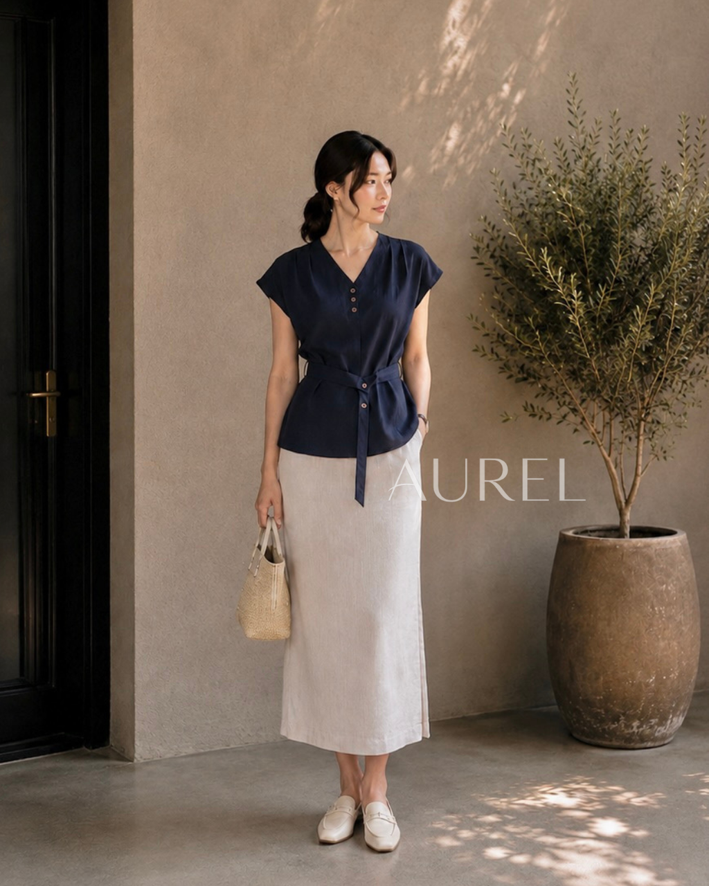 Elise Belted Blouse (Navy Blue)