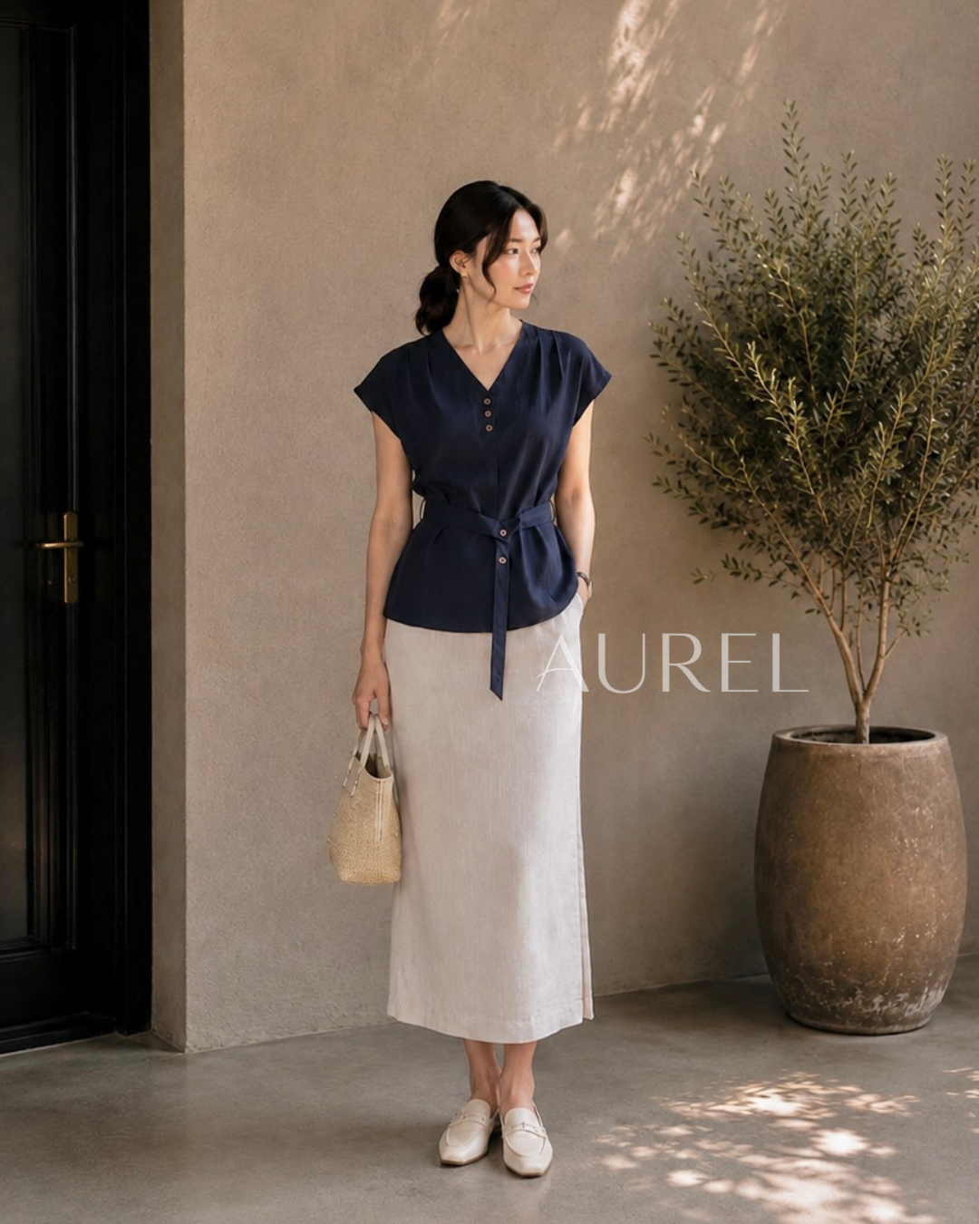 Elise Belted Blouse (Navy Blue)