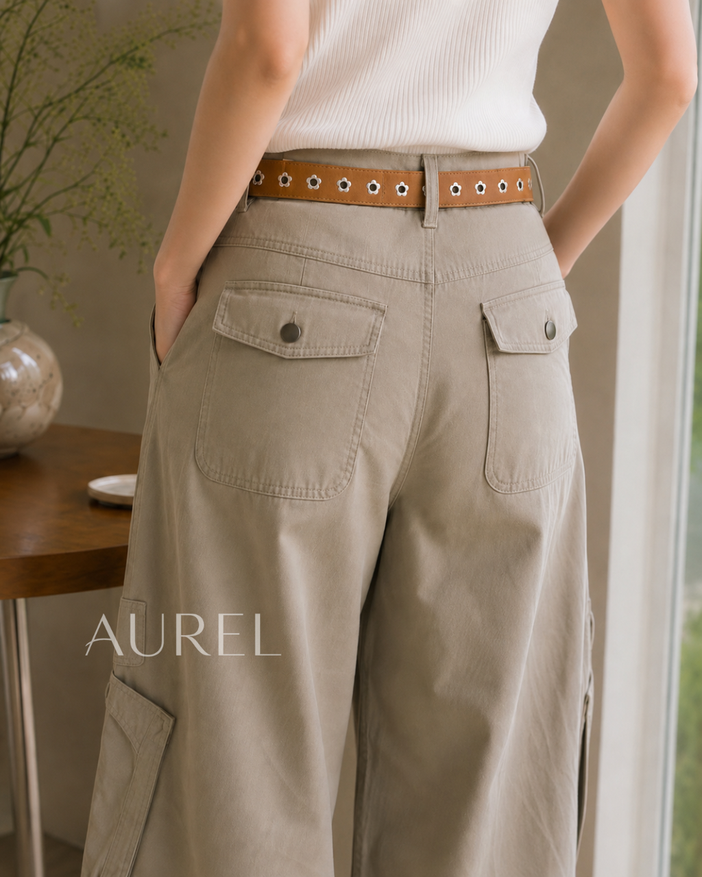 Monre Utility Wide-Leg Pants (Khaki)